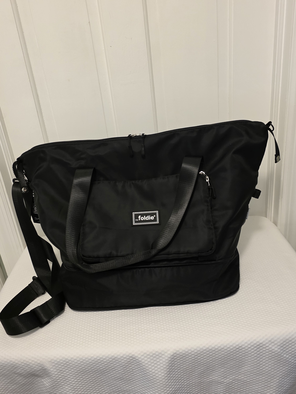 The Foldie Black Travel Tote with Detachable Shoulder Strap, Lightweight